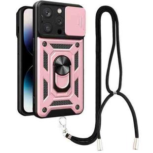 For iPhone 14 Pro Lanyard Slide Camshield Ring Phone Case(Rose Gold)