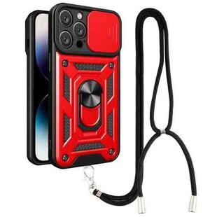 For iPhone 14 Pro Max Lanyard Slide Camshield Ring Phone Case (Red)