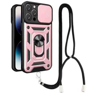 For iPhone 14 Pro Max Lanyard Slide Camshield Ring Phone Case (Rose Gold)