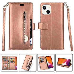 For iPhone 14 Multifunctional Zipper Horizontal Flip Leather Case (Rose Gold)
