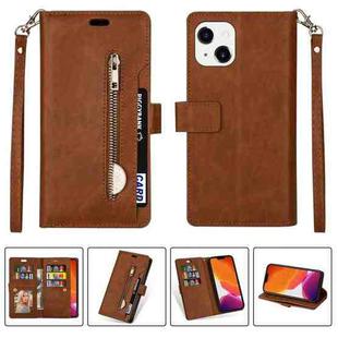 For iPhone 14 Multifunctional Zipper Horizontal Flip Leather Case (Brown)