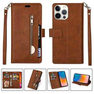 For iPhone 14 Pro Multifunctional Zipper Horizontal Flip Leather Case(Brown)