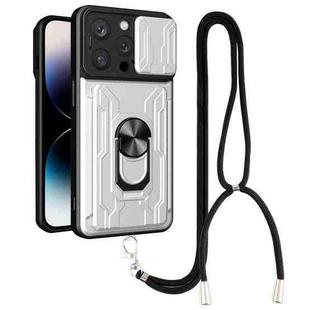 For iPhone 14 Pro Lanyard Slide Camshield Card Phone Case(White)