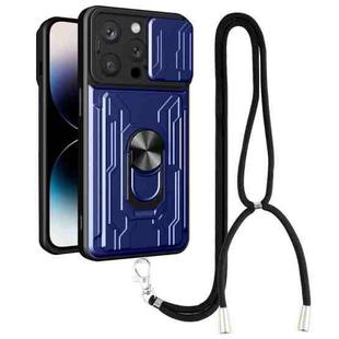 For iPhone 14 Pro Lanyard Slide Camshield Card Phone Case(Royal Blue)