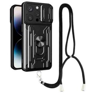 For iPhone 14 Pro Lanyard Slide Camshield Card Phone Case(Black)
