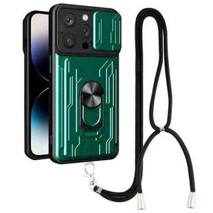 For iPhone 14 Pro Lanyard Slide Camshield Card Phone Case(Dark Green)
