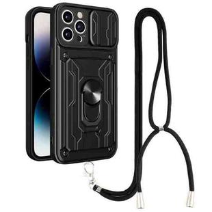 For iPhone 14 Pro Max Lanyard Slide Camshield Card Phone Case (Black)