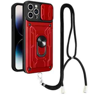 For iPhone 14 Pro Max Lanyard Slide Camshield Card Phone Case (Red)