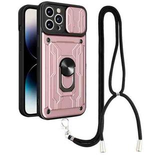 For iPhone 14 Pro Max Lanyard Slide Camshield Card Phone Case (Rose Gold)