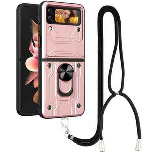 For Samsung Galaxy Z Flip4 Lanyard Slide Camshield Card Phone Case(Rose Gold)