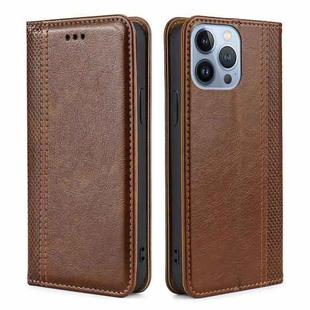 For iPhone 14 Pro Max Grid Texture Magnetic Flip Leather Phone Case (Brown)