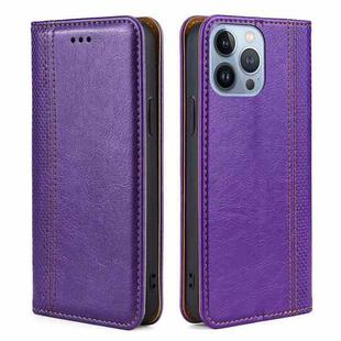 For iPhone 14 Pro Max Grid Texture Magnetic Flip Leather Phone Case (Purple)