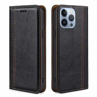 For iPhone 14 Pro Max Grid Texture Magnetic Flip Leather Phone Case (Black)