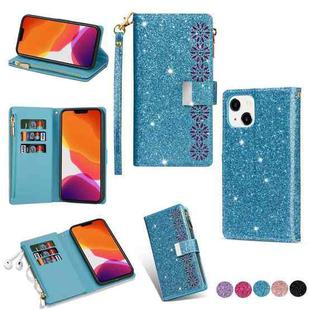 For iPhone 14 Multi-card Slots Laser Carving Glitter Zipper Leather Case (Sky Blue)