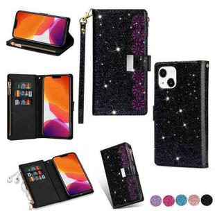 For iPhone 14 Multi-card Slots Laser Carving Glitter Zipper Leather Case (Black)