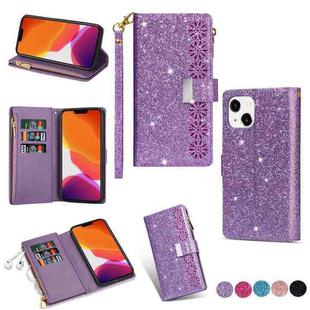 For iPhone 14 Multi-card Slots Laser Carving Glitter Zipper Leather Case (Purple)