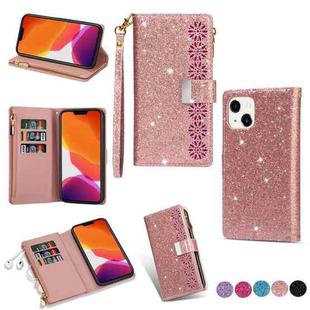 For iPhone 14 Multi-card Slots Laser Carving Glitter Zipper Leather Case Max(Rose Gold)