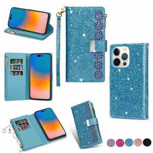 For iPhone 14 Pro Multi-card Slots Laser Carving Glitter Zipper Leather Case(Sky Blue)