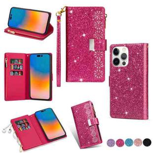 For iPhone 14 Pro Multi-card Slots Laser Carving Glitter Zipper Leather Case(Rose Red)