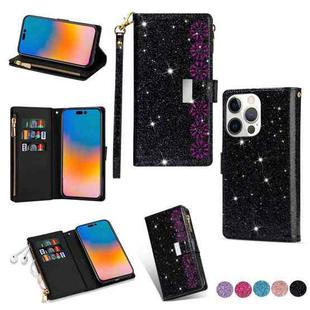 For iPhone 14 Pro Multi-card Slots Laser Carving Glitter Zipper Leather Case(Black)