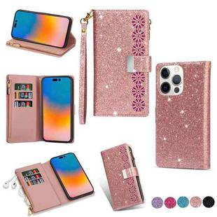 For iPhone 14 Pro Max Multi-card Slots Laser Carving Glitter Zipper Leather Case(Rose Gold)