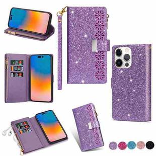 For iPhone 14 Pro Max Multi-card Slots Laser Carving Glitter Zipper Leather Case(Purple)