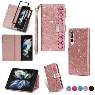 For Samsung Galaxy Z Fold 4 Multi-card Slots Laser Carving Glitter Zipper Leather Case(Rose Gold)