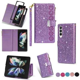 For Samsung Galaxy Z Fold 4 Multi-card Slots Laser Carving Glitter Zipper Leather Case(Purple)