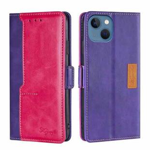 For iPhone 14 Contrast Color Side Buckle Leather Phone Case (Purple + Rose Red)