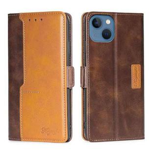 For iPhone 14 Plus Contrast Color Side Buckle Leather Phone Case (Dark Brown + Gold)
