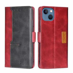 For iPhone 14 Plus Contrast Color Side Buckle Leather Phone Case (Red + Black)