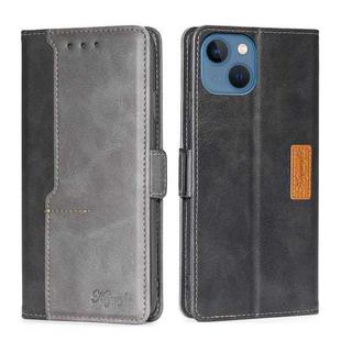 For iPhone 14 Plus Contrast Color Side Buckle Leather Phone Case (Black + Grey)