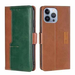 For iPhone 14 Pro Contrast Color Side Buckle Leather Phone Case(Light Brown + Green)