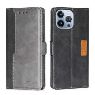 For iPhone 14 Pro Contrast Color Side Buckle Leather Phone Case(Black + Grey)