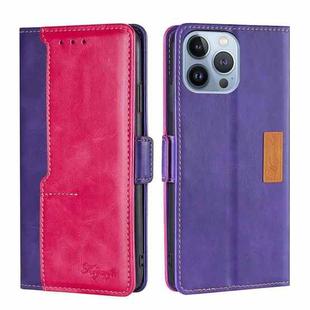 For iPhone 14 Pro Max Contrast Color Side Buckle Leather Phone Case (Purple + Rose Red)