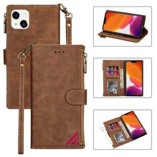 For iPhone 14 Zipper Multi-card Slots Horizontal Flip Leather Case (Brown)