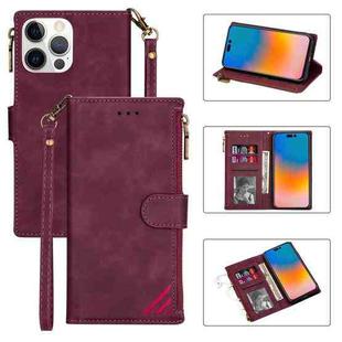 For iPhone 14 Pro Max Zipper Multi-card Slots Horizontal Flip Leather Case(Wine Red)