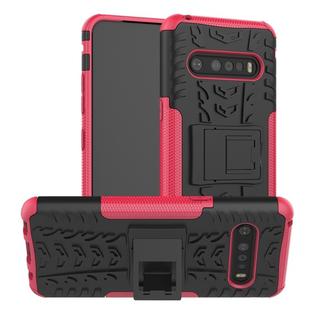 For LG V60 ThinQ Tire Texture Shockproof TPU+PC Protective Case with Holder(Rose Red)