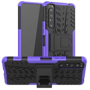 For Sony Xperia 1 II Tire Texture Shockproof TPU+PC Protective Case with Holder(Purple)