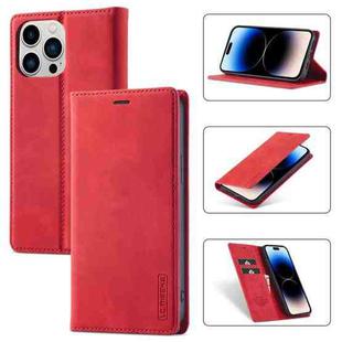 For iPhone 14 Pro Max LC.IMEEKE Strong Magnetic Leather Phone Case with Holder & Card Slots & Wallet (Red)