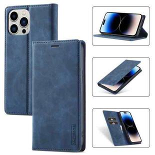 For iPhone 14 Pro LC.IMEEKE Strong Magnetic Leather Phone Case with Holder & Card Slots & Wallet(Blue)