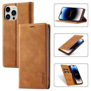 For iPhone 14 Pro LC.IMEEKE Strong Magnetic Leather Phone Case with Holder & Card Slots & Wallet(Brown)