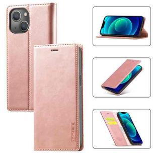 For iPhone 14 Plus LC.IMEEKE Strong Magnetic Leather Phone Case with Holder & Card Slots & Wallet (Rose Gold)