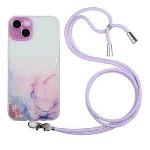 For iPhone 14 Hollow Marble Pattern TPU Shockproof Protective Case with Neck Strap Rope (Pink)