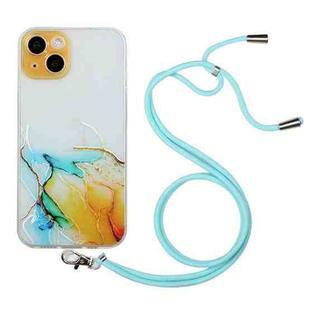 For iPhone 14 Plus Hollow Marble Pattern TPU Shockproof Protective Case with Neck Strap Rope(Yellow)