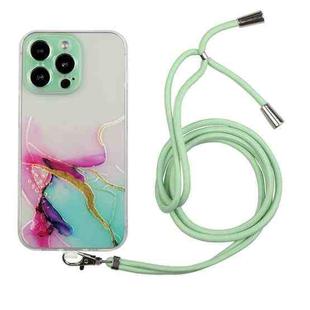 For iPhone 14 Pro Max Hollow Marble Pattern TPU Shockproof Protective Case with Neck Strap Rope(Green)