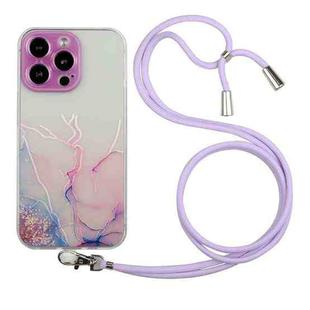 For iPhone 14 Pro Max Hollow Marble Pattern TPU Shockproof Protective Case with Neck Strap Rope(Pink)