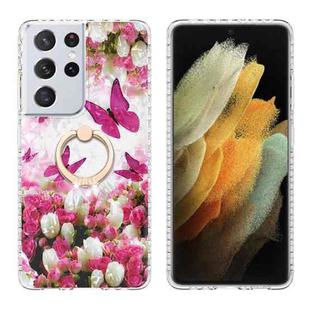 For Samsung Galaxy S21 Ultra 5G Ring Holder 2.0mm Airbag TPU Phone Case(Dancing Butterflies)