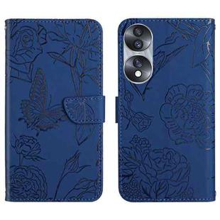 For Honor 70 HT03 Skin Feel Butterfly Embossed Flip Leather Phone Case(Blue)