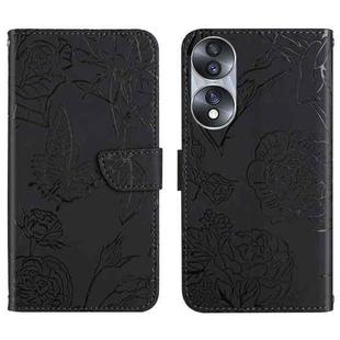 For Honor 70 HT03 Skin Feel Butterfly Embossed Flip Leather Phone Case(Black)